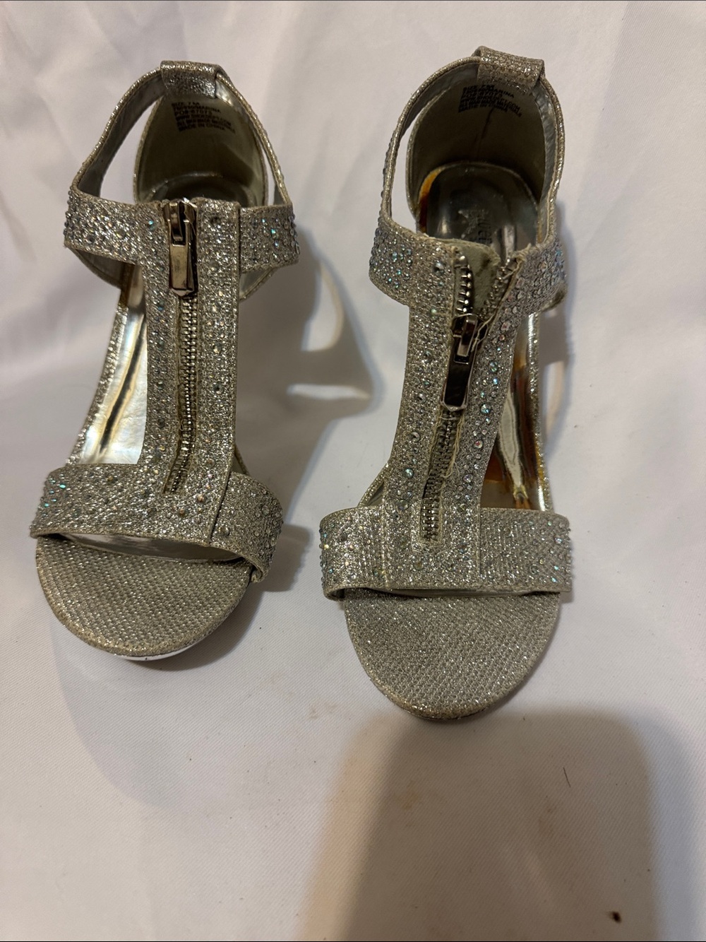 Glitter T-Strap Heels with Front Zipper - Silver